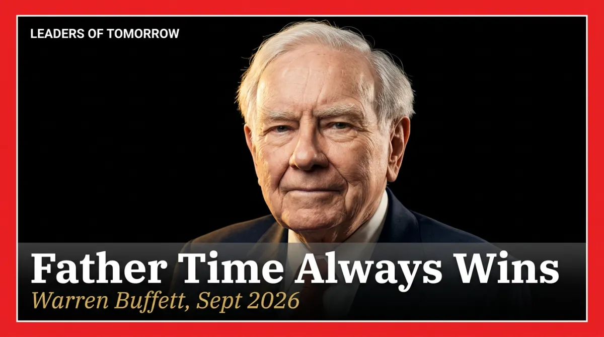 Warren Buffett editorial header — Father Time Always Wins — Berkshire Hathaway chairman steps down Sept 2026
