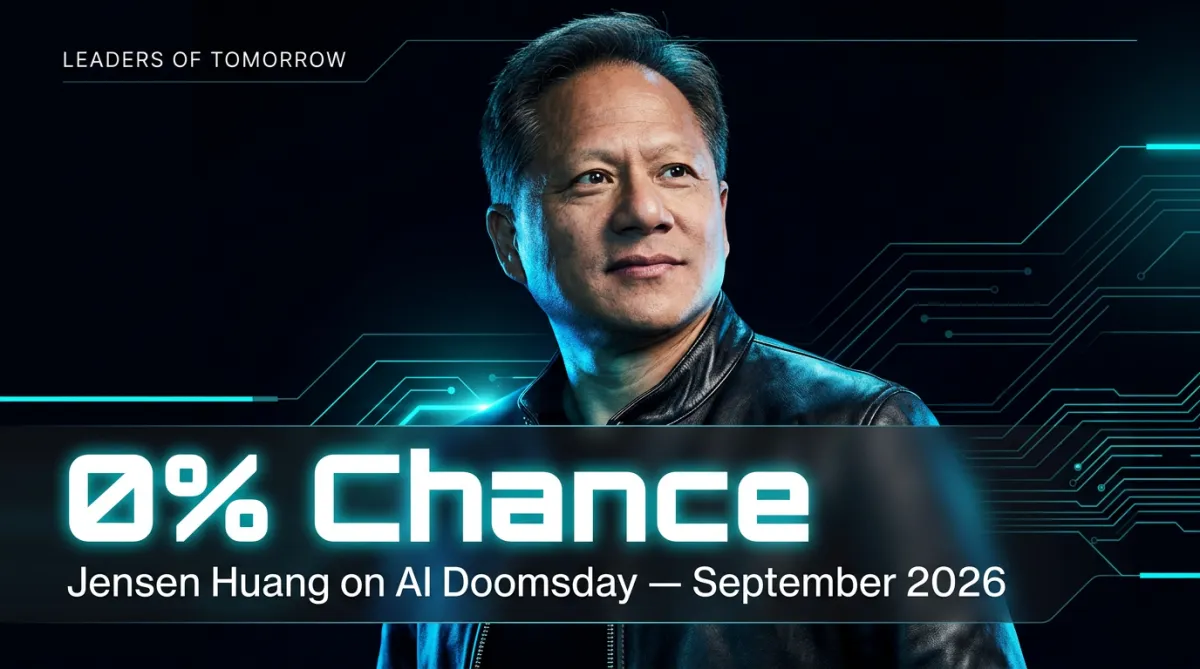 Jensen Huang editorial header — 0% Chance — NVIDIA CEO rejects AI doomsday on CBS News Sept 2026 Wired neon style