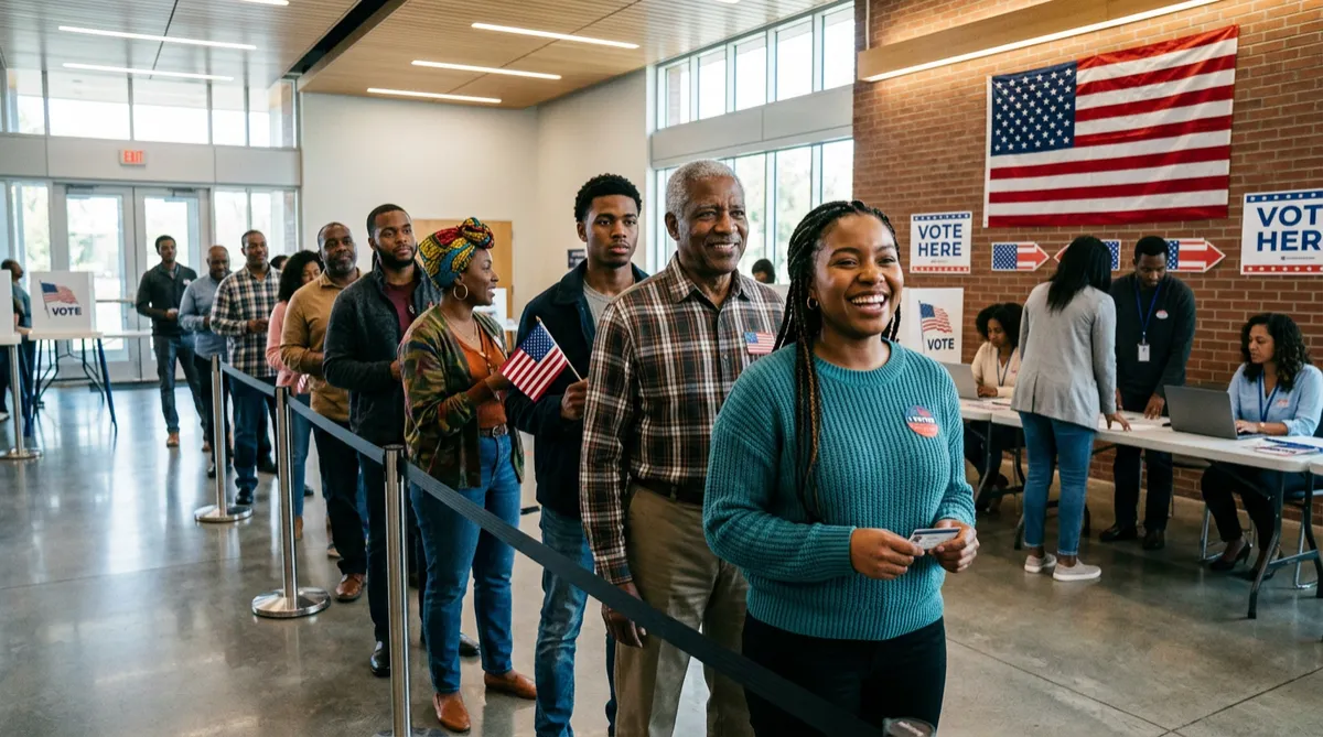 Empowered Black voters at a bright modern polling station exercising their right to vote