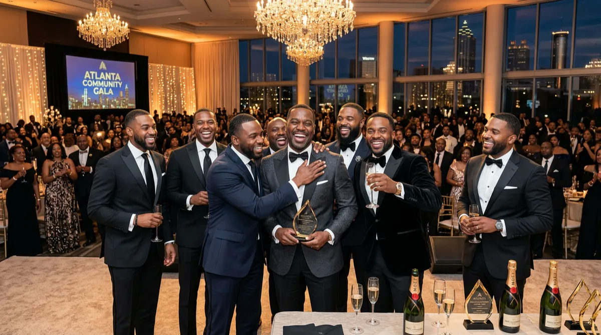 Distinguished Black men in suits celebrating 40 years of community impact at the 100 Black Men of Atlanta gala