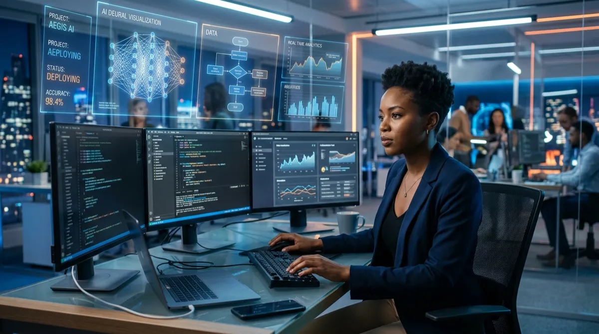 Determined Black tech professional navigating AI data visualizations in a modern futuristic workspace