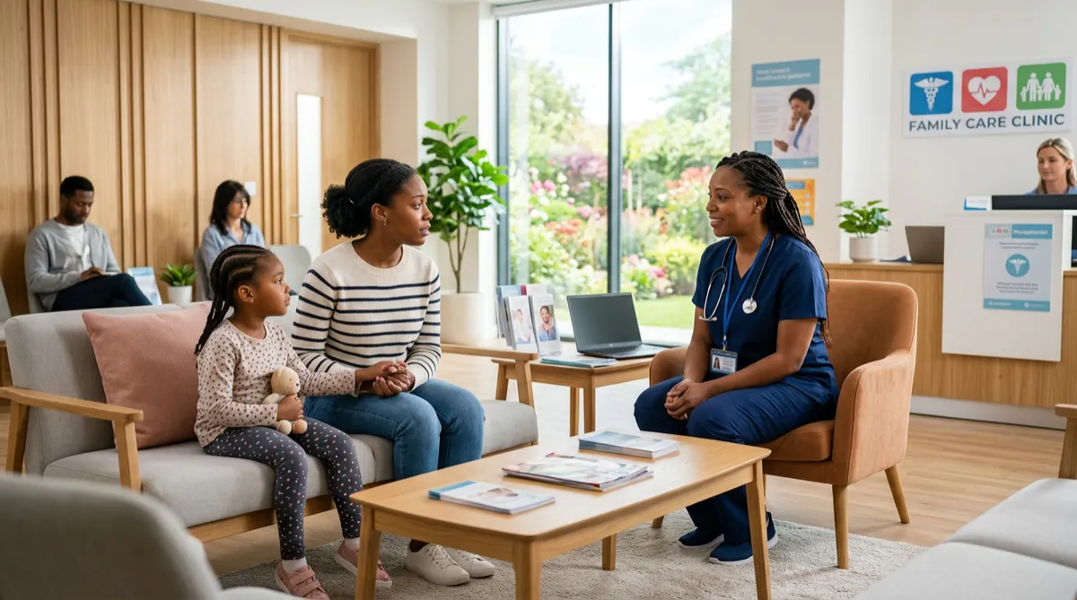 Black family receiving healthcare consultation in a bright modern medical clinic