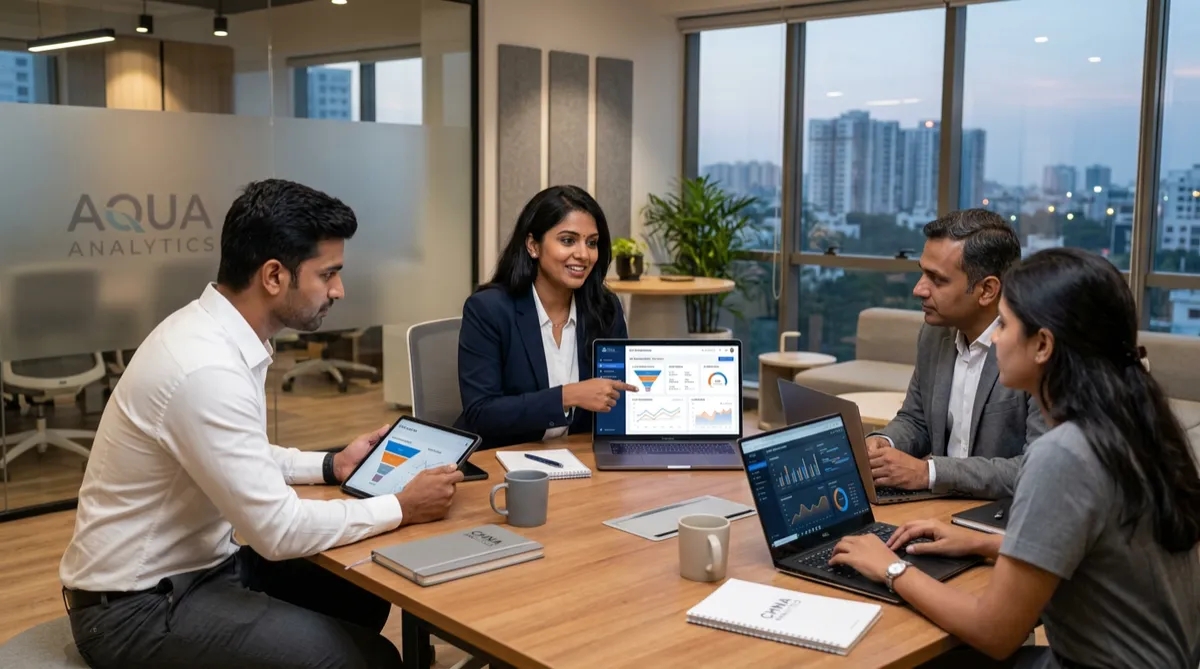 Business team reviewing AI CRM dashboard in a modern Tamil Nadu office — RevMax AI-powered CRM readiness checklist 2026