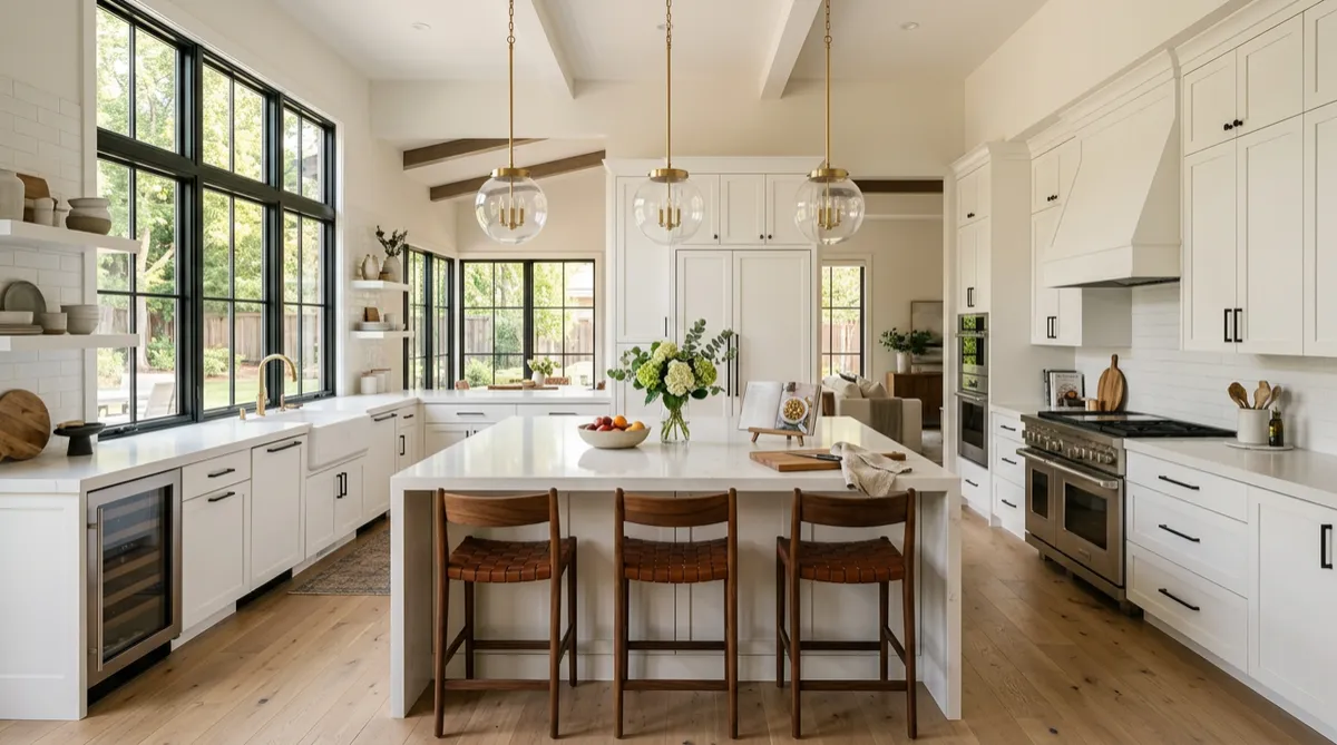 Stunning completed luxury kitchen remodel with white Shaker cabinets and quartz waterfall island