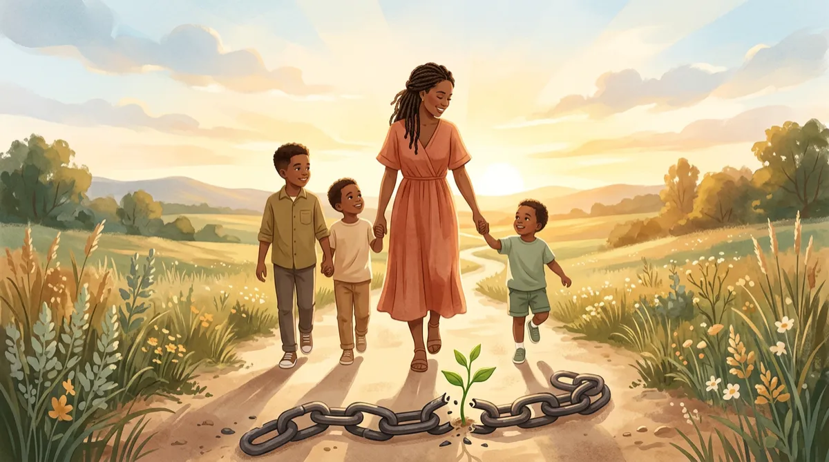 Illustration of a mother walking hand in hand with her three sons toward a golden horizon, a broken chain with a green sprout behind them