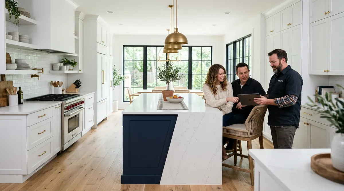 Remodeling contractor reviewing a kitchen project estimate with homeowners in a beautiful finished modern kitchen