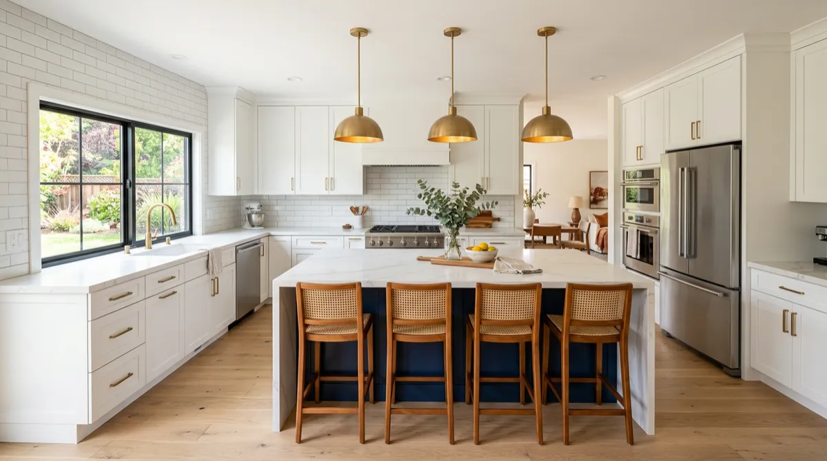 Beautiful modern finished kitchen remodel with white shaker cabinets, navy island and brass pendant lights