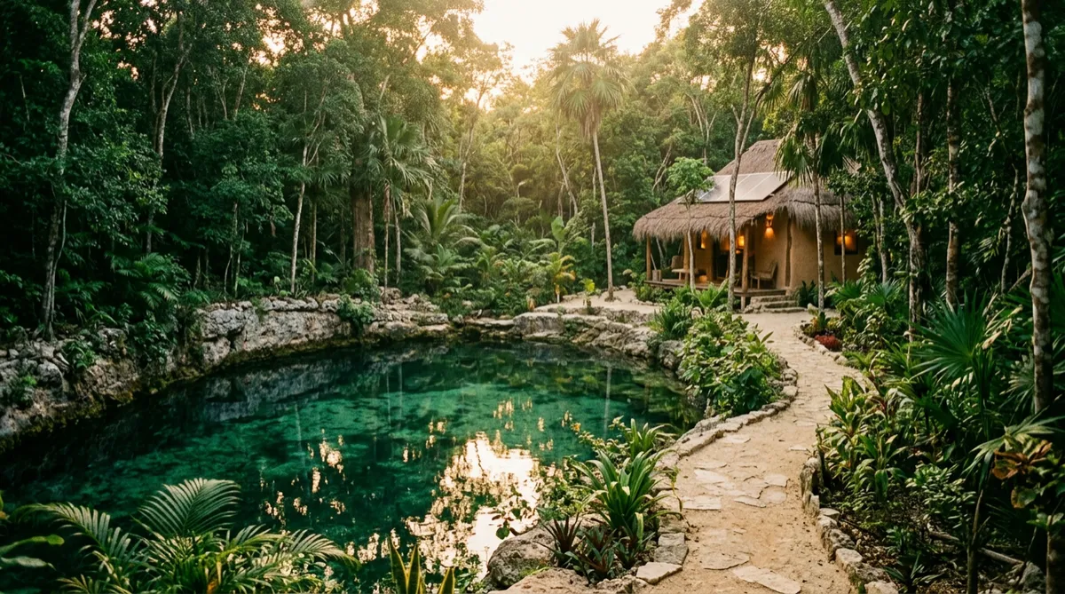 A still cenote lake at golden hour in the Tulum jungle, with a solar villa and permaculture gardens among the trees