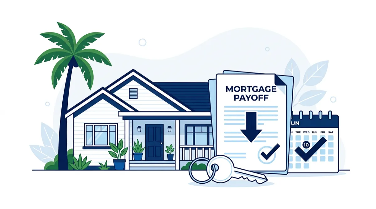 Illustration of a California-style home with a key, calendar and mortgage payoff document representing paying off an FHA loan early