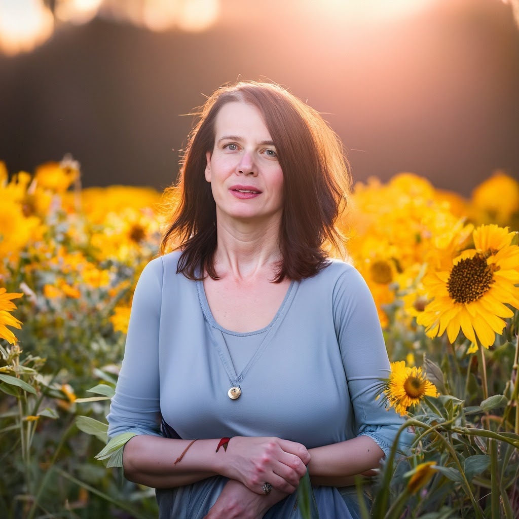 Una dona che vuole perdere peso in menopausa sta in un campio fiorito