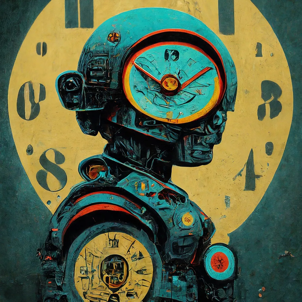 An image of a robot built with many clocks symbolises automation, the longstanding effects of it, and how it saves time to be better used in other areas of business