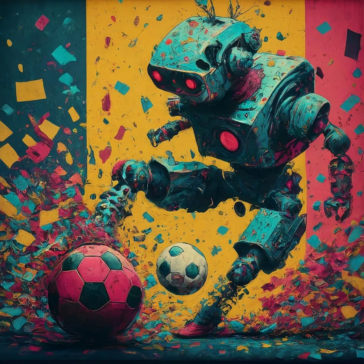 an image of a robot kicking a soccer ball with confetti everywhere representing the goals and triumphs we acomplish with our clients and partners as a digital marketing agency.