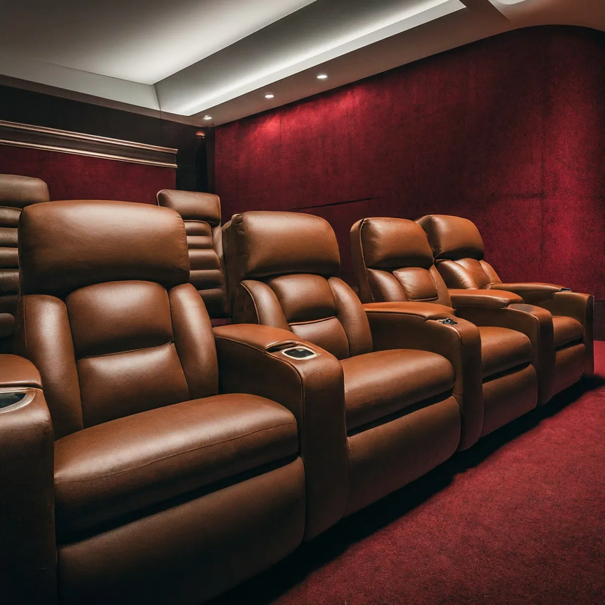 A home theater room with cush leather theater seat in the foreground with classic red velvet walls in the background.