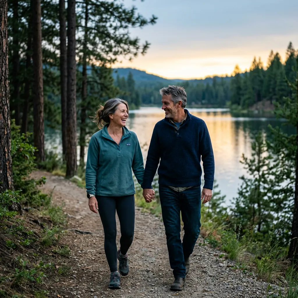 Couple taking a relaxed evening walk on a lakeside trail at dusk in the Inland Northwest