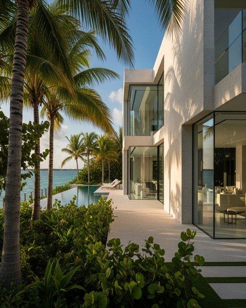 Modern oceanfront luxury estate in Miami with palm trees and a coastal pool
