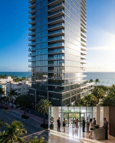 Modern luxury branded residence tower in Miami Beach featuring glass-forward architecture and a private valet entrance.