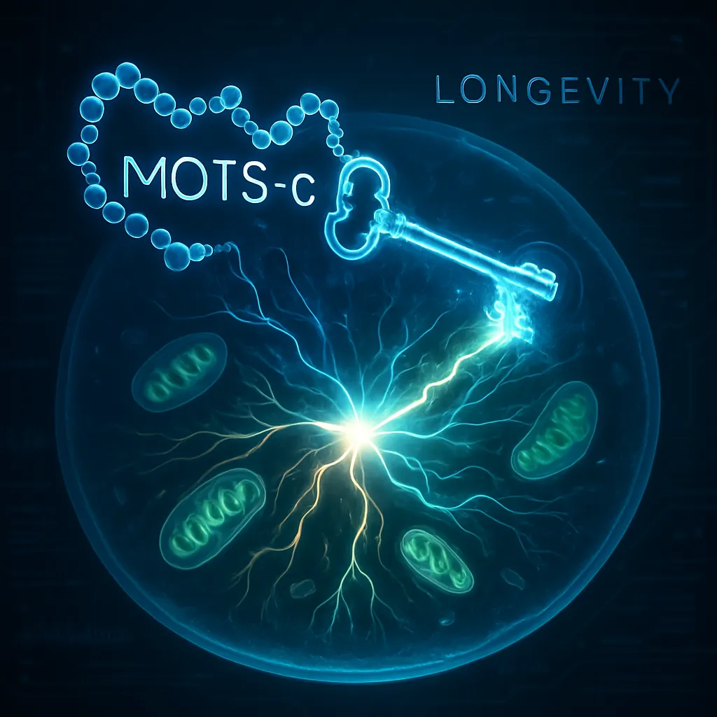 Glowing MOTS-c peptide unlocking vibrant cellular pathways, symbolizing enhanced metabolic health and longevity.