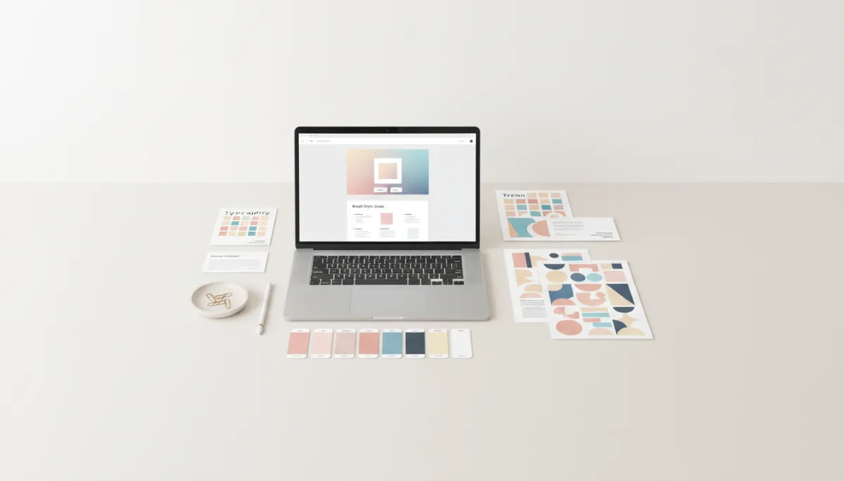 Printed brand guidelines and digital style guide on a professional desk