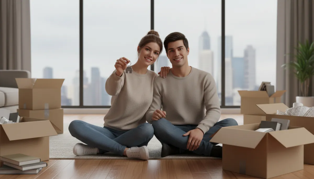 First-time buyers sitting on the floor of their new home with moving boxes