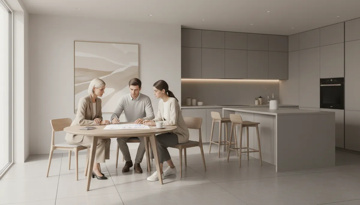 Real estate agent and first-time buyers reviewing a home purchase offer at a kitchen table