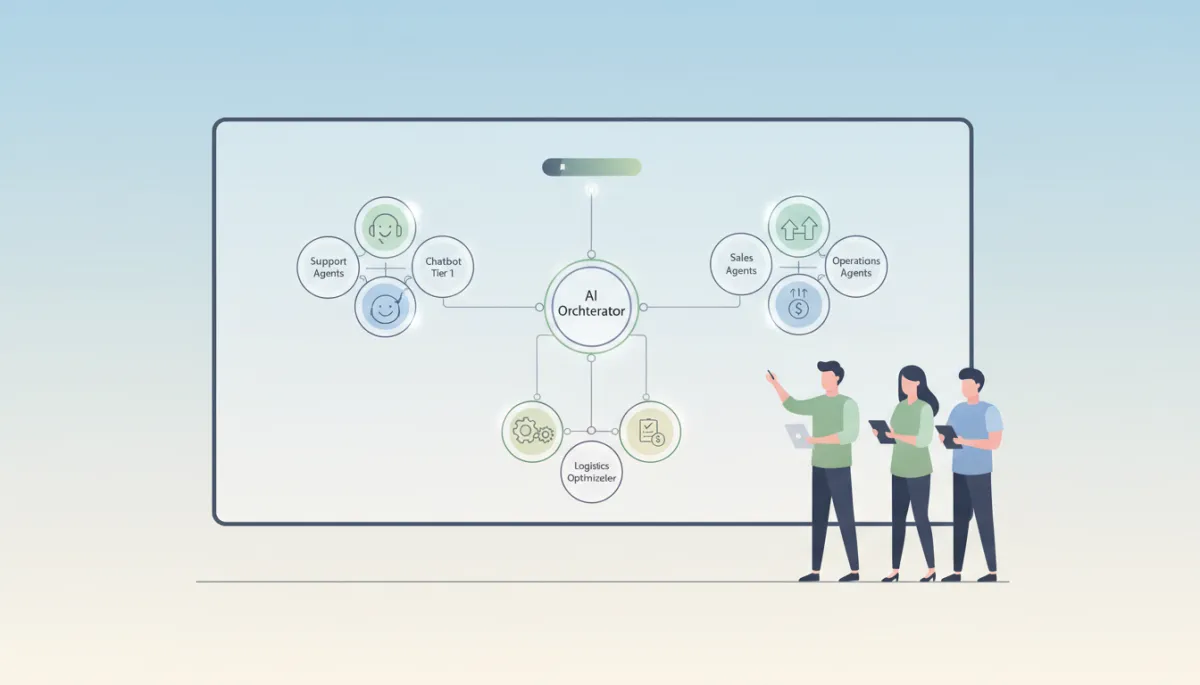 Team reviewing a workflow diagram of multiple virtual AI agents working together