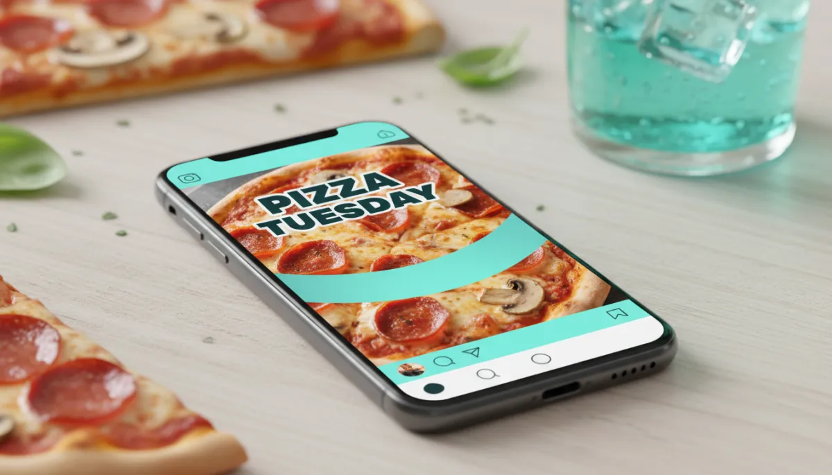 photorealistic marketing mockup showing a Pizza Tuesday Instagram post on a smartphone screen, with a bold headline over a close-up pizza photo and fresh aqua accent banner