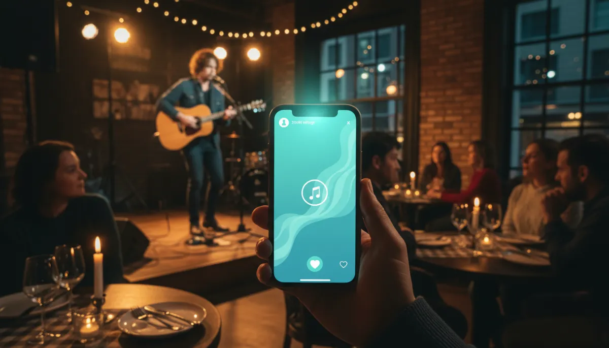 photorealistic scene of a guitarist performing on a small restaurant stage with guests at tables, a phone in the foreground capturing an Instagram Story with fresh aqua overlay elements