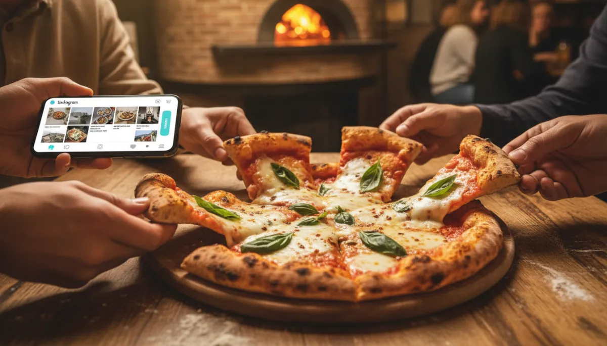 photorealistic close-up of a wood-fired pizza on a table with hands reaching in, smartphone on the side showing an Instagram feed with fresh aqua accents on interface elements