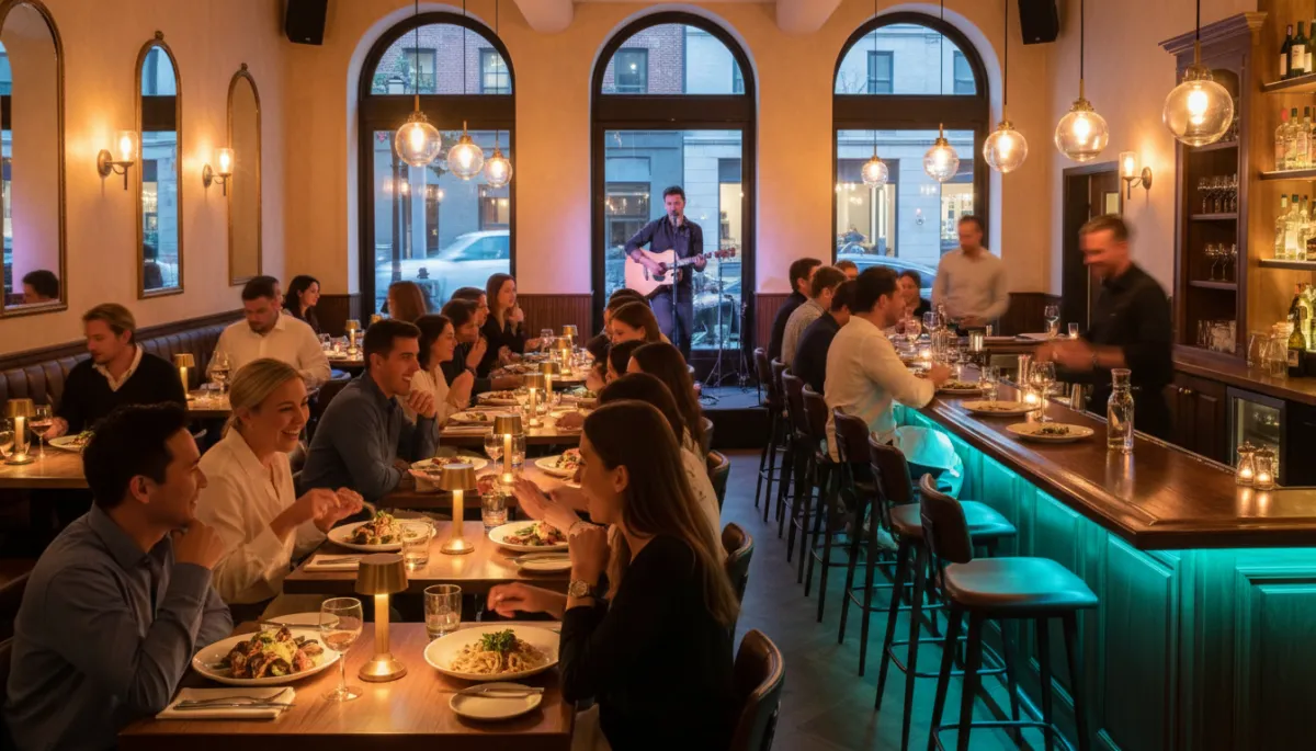 photorealistic interior of a lively restaurant during dinner service, warm lighting, diverse guests enjoying food, live musician in background, subtle fresh aqua accent lighting along the bar