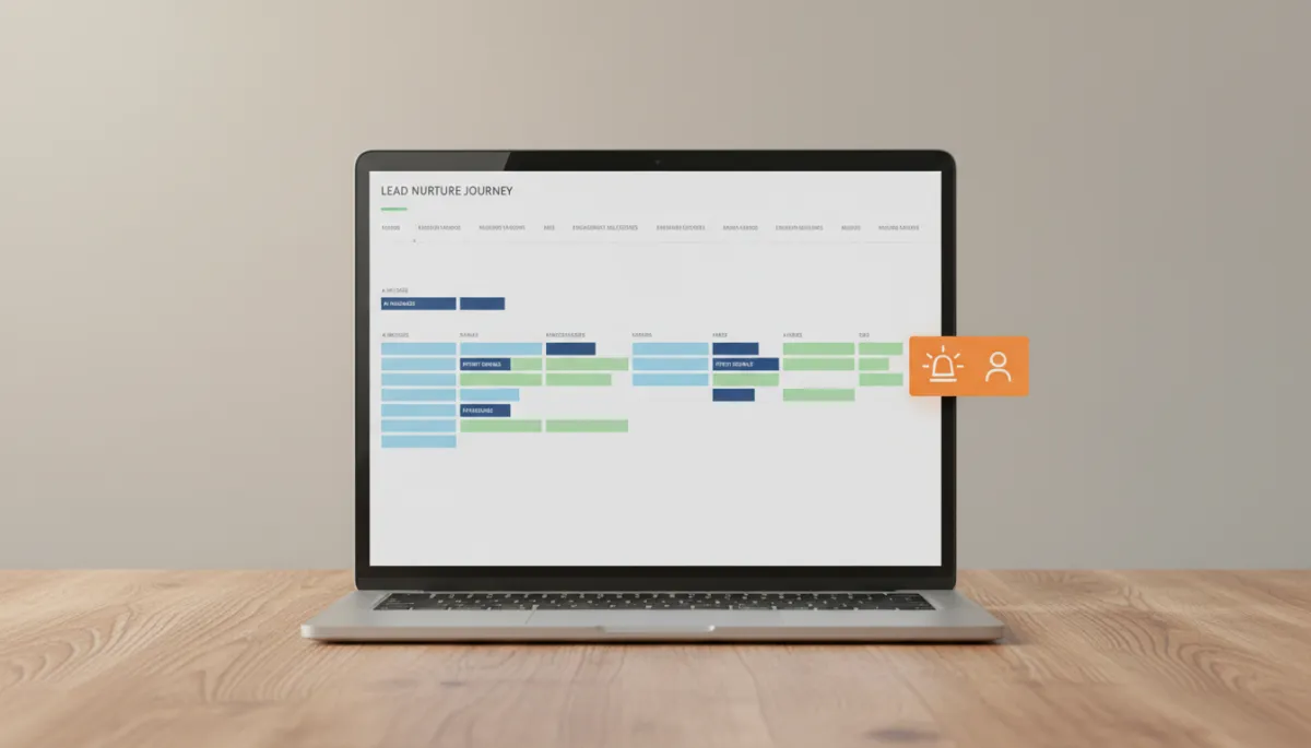 Laptop displaying AI-managed lead nurture timeline with intent alerts