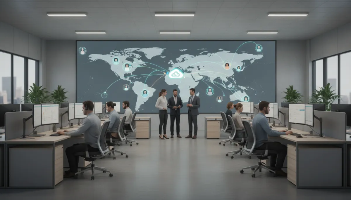 Open-plan brokerage floor with regional AI-managed lead routing dashboard