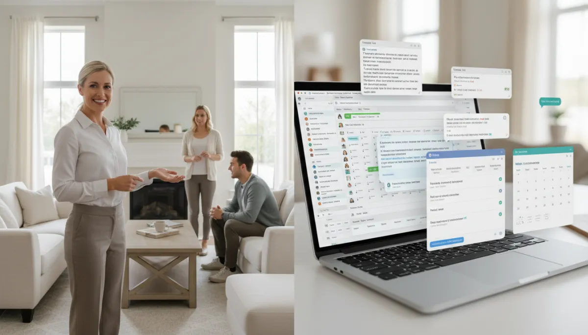 Agent meeting clients while AI systems manage digital workflows in the background