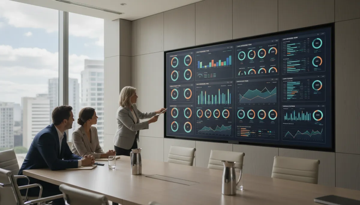 Brokerage leaders reviewing AI-driven response and performance dashboards