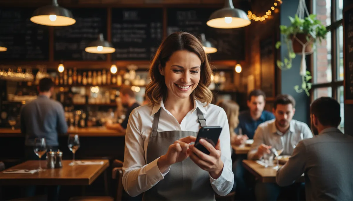 Photorealistic image near the conclusion — a business owner (restaurant manager or retail owner) smiling while looking at their smartphone, clearly satisfied, in their place of business. Warm professional lighting.