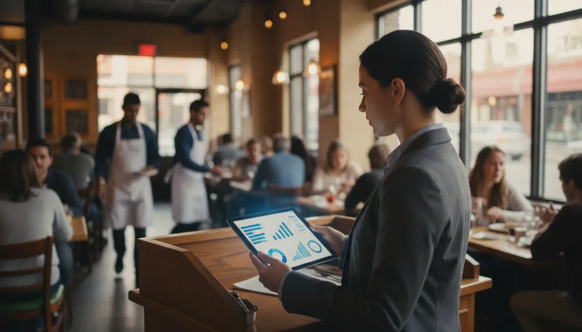 Restaurant manager reviewing AI dashboards on a tablet in dining room