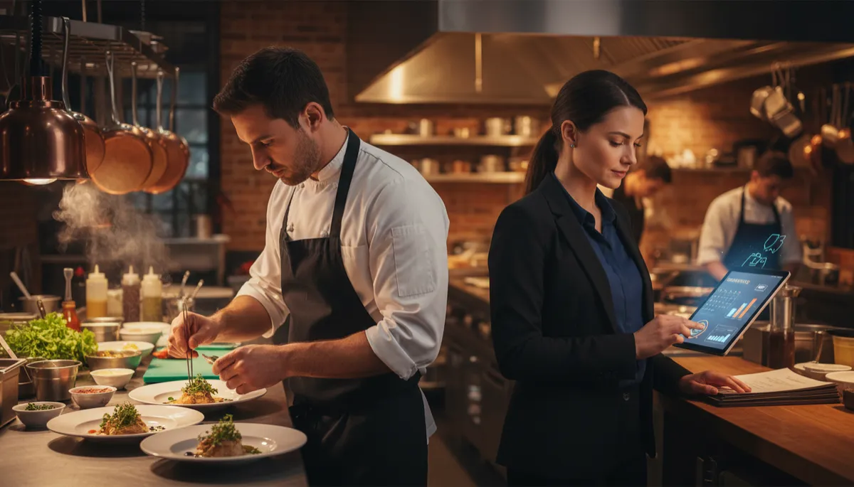 Chef plating dishes while manager monitors AI-powered reservations
