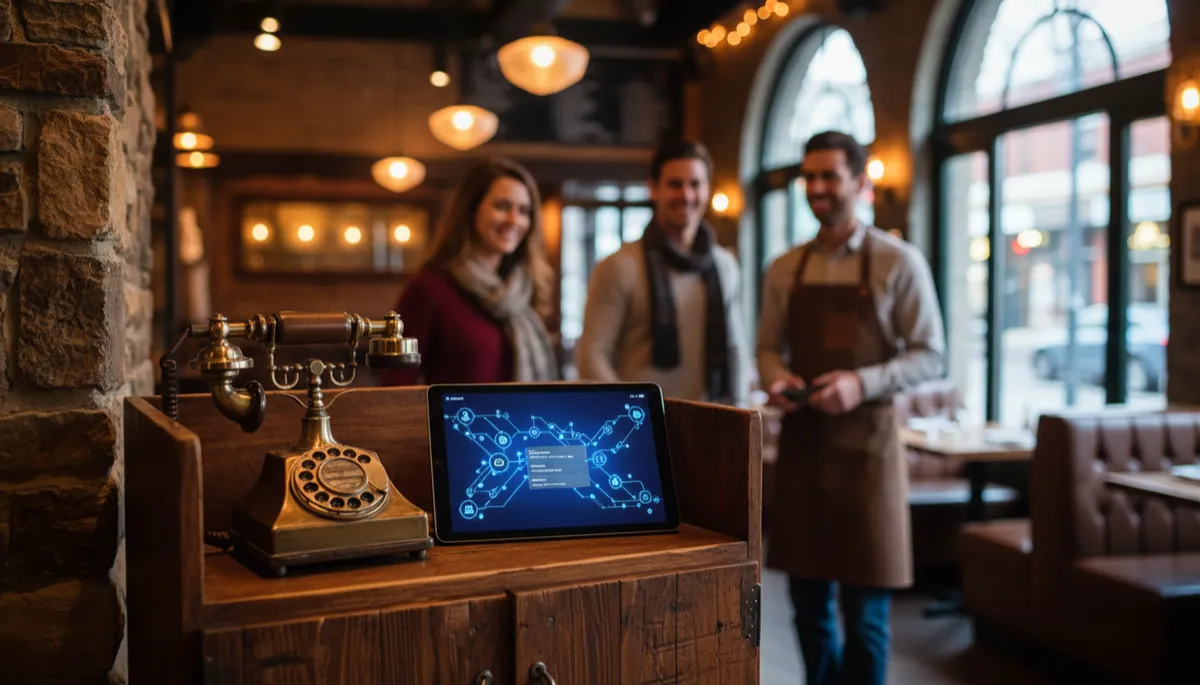 Host stand with ringing phone and AI assistant interface