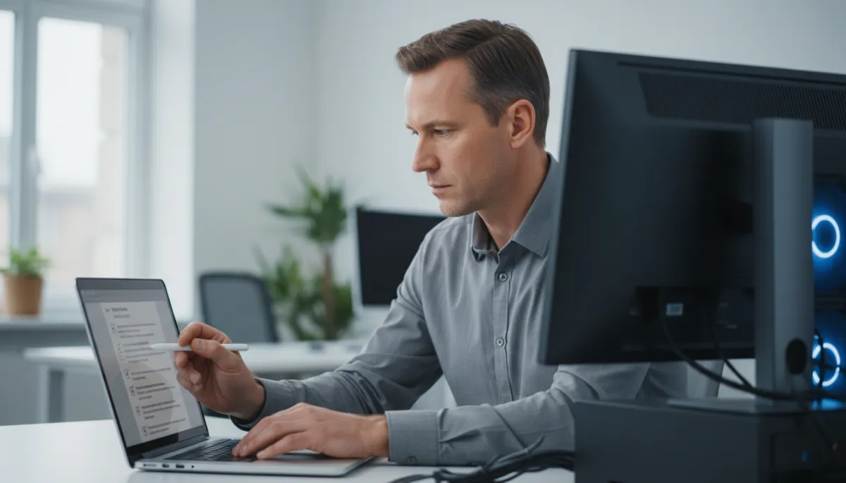 IT manager verifying configuration and testing steps for a new computer IT manager verifying configuration and testing steps for a new computer