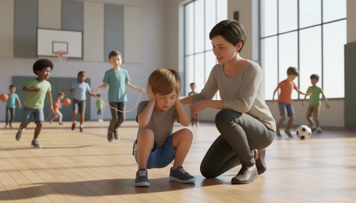 Child covering ears in a noisy gym while an adult offers support