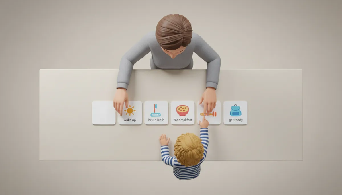 Parent and child using a visual schedule to break down a routine