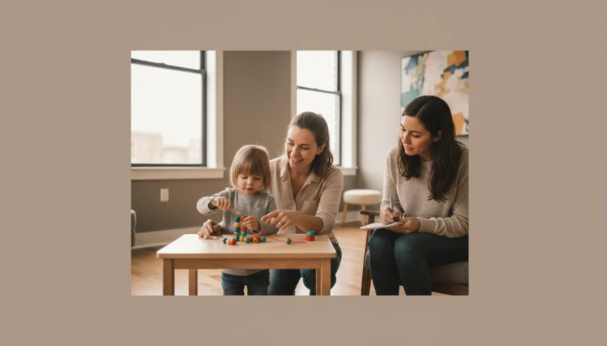 Occupational therapist observing a child during a fine-motor task while speaking with a parent
