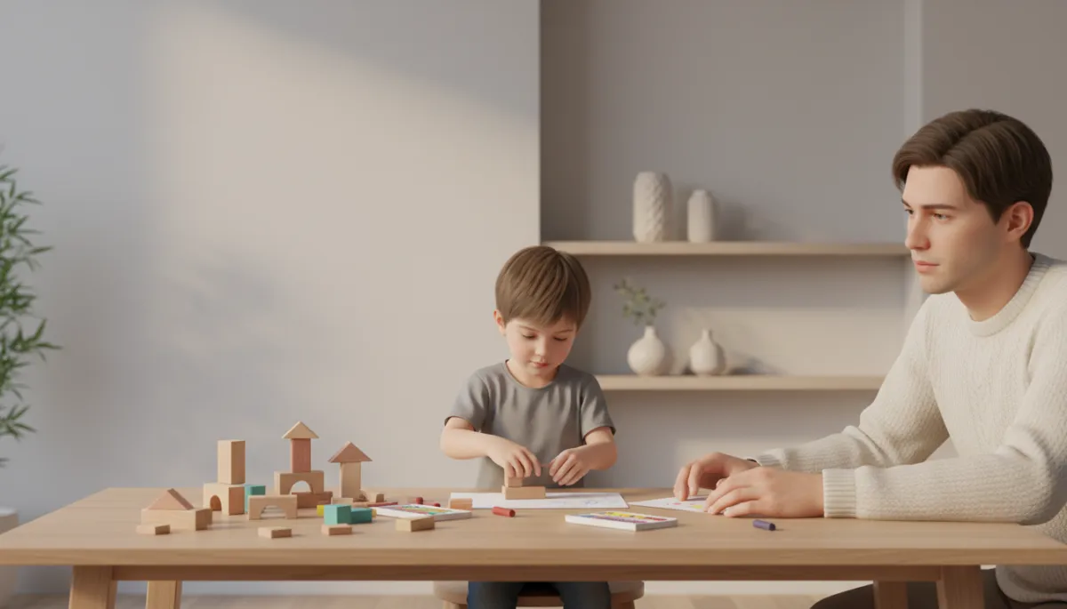 Parent thoughtfully observing their child's play and everyday skills Parent thoughtfully observing their child's play and everyday skills