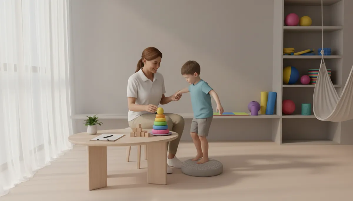 professional neutral-toned therapy room where an occupational therapist is gently guiding a child through balance and fine motor tasks at a table, assessment forms on a clipboard nearby