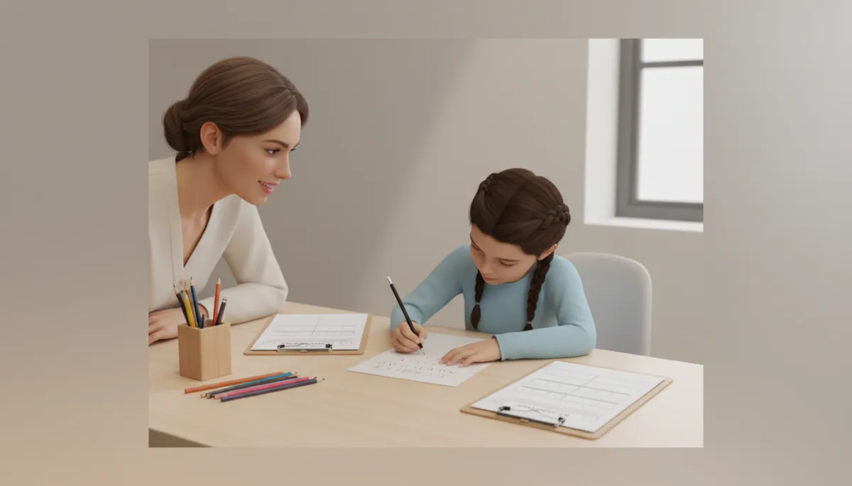 Occupational therapist observing a child completing handwriting tasks during an assessment