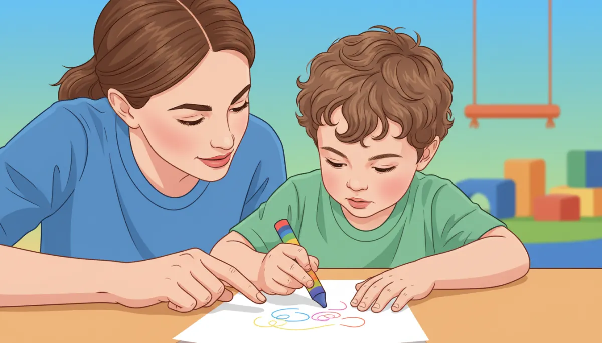 A close-up, dynamic image of a pediatric occupational therapist carefully observing a child’s hand as they write, with clear focus on the child's grip, paper, and therapist's supportive presence, using vibrant and engaging colors.
