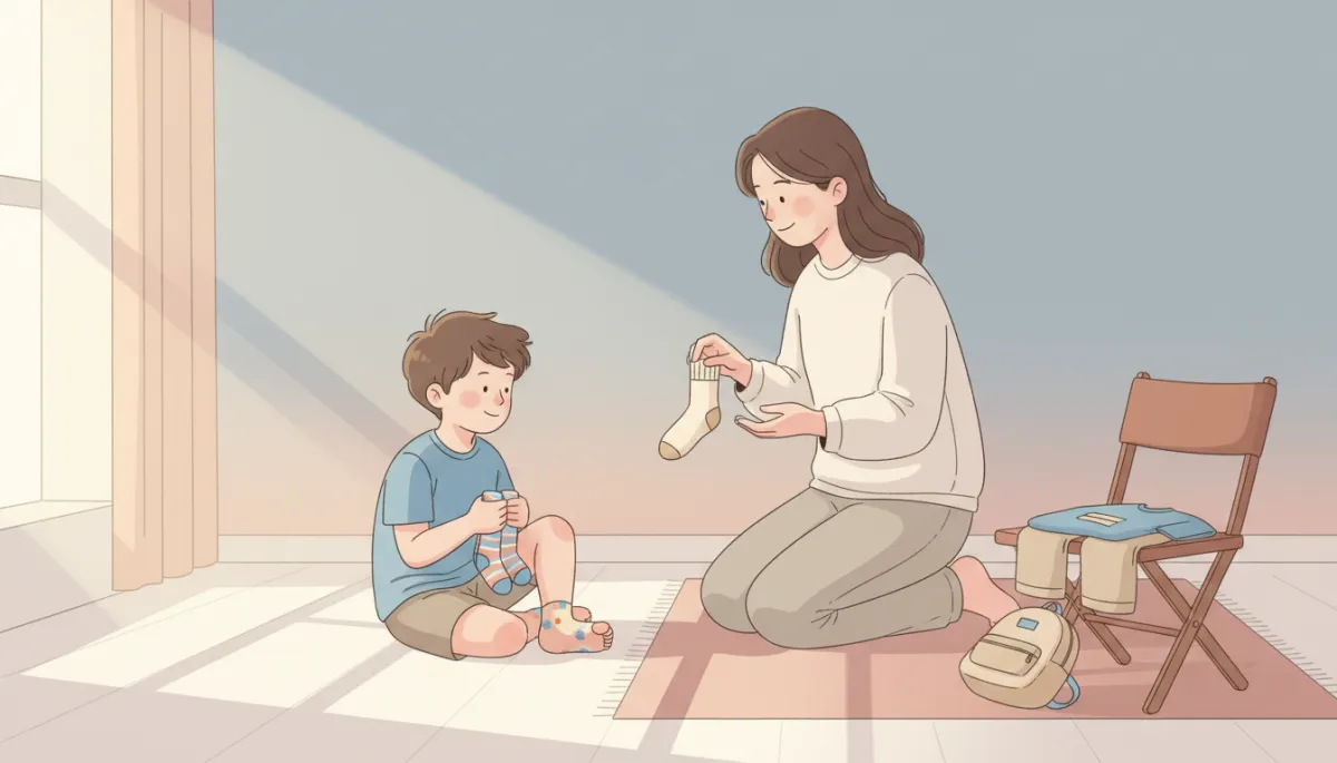 Child struggling to put on socks while parent offers gentle support