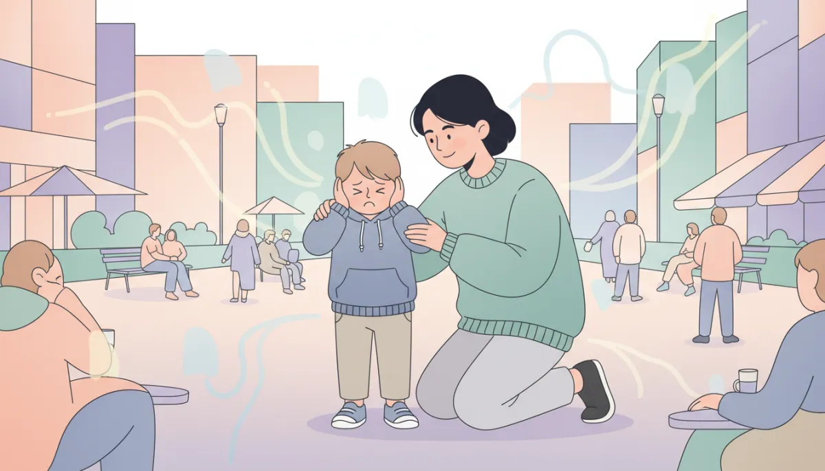 Child covering ears in a noisy environment while an adult offers support
