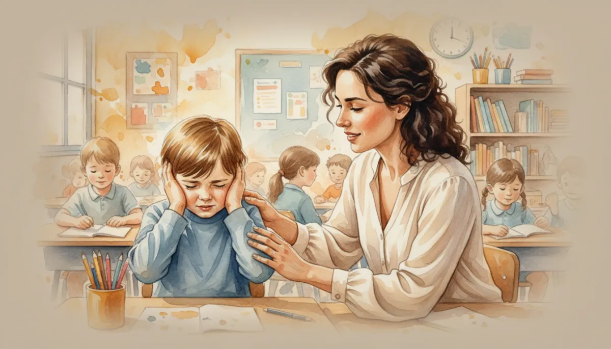 Child feeling overwhelmed in a noisy classroom while a teacher offers support