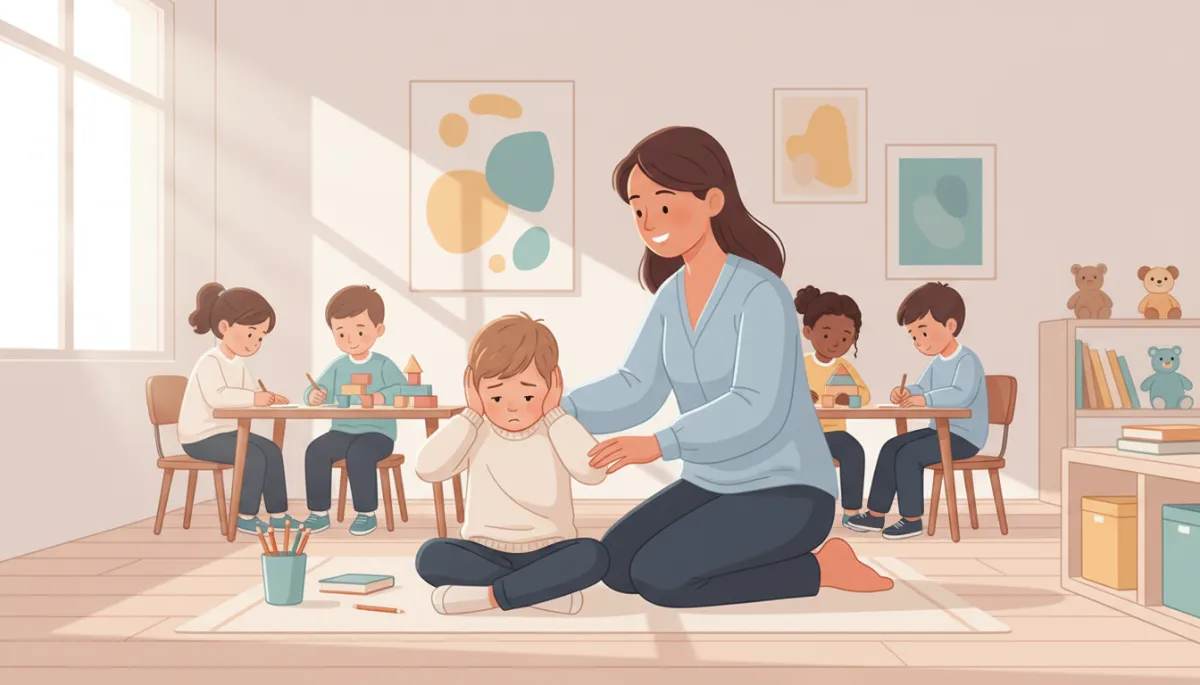 Child in a classroom appearing overwhelmed by sensory input while a teacher offers support Child in a classroom appearing overwhelmed by sensory input while a teacher offers support