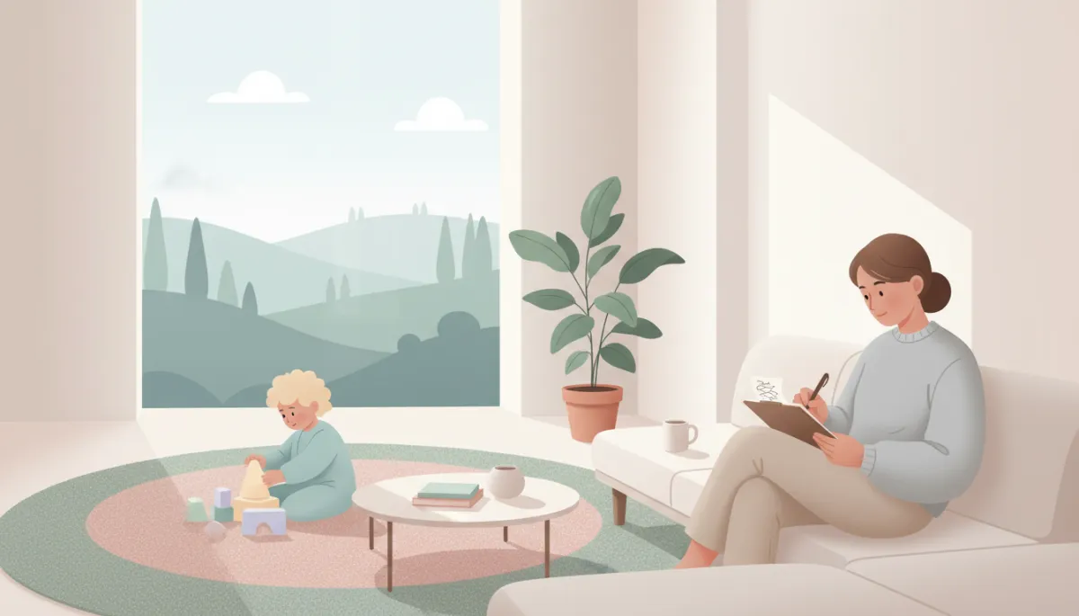 professional neutral-toned photo of a parent quietly taking notes on a clipboard while observing their child playing nearby, calm living room setting
